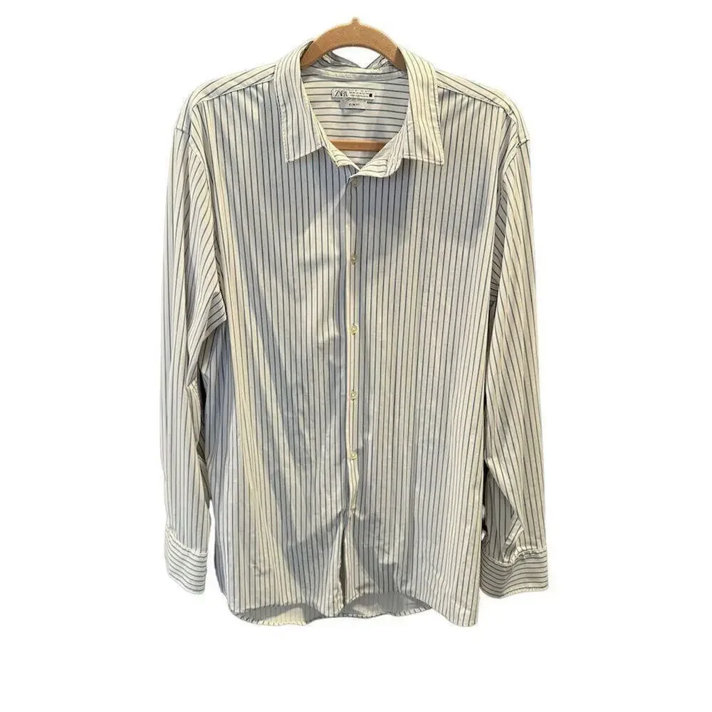 Zara Men’s Slim Fit Striped Long Sleeve Button-Up Shirt Blue Size XL